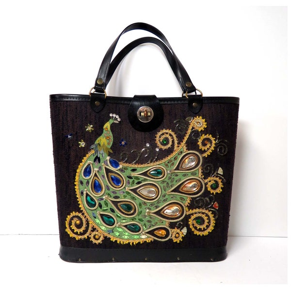 Vintage Jeweled Peacock Purse/ Retro Handbag in Black/ Wood Bottom