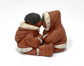 Vintage Inuit Couple Handcrafted Sculpture/ Eija Seras Canada/ Terracotta Eskimo Figurine