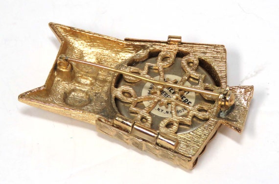 Vintage Owl Perfume Locket Brooch/ Gold Tone w Gr… - image 3
