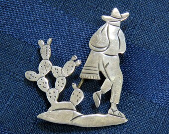 Cactus Man Taxco Silver Antique Brooch/ Vintage Mexican Campesino Pin/ 925 Sterling "VRG" Hallmark