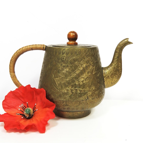 Etched Brass Tea or Coffee Pot/ Gooseneck Teapot with Wrapped Handle/ Made in India