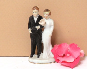 Antique Bride & Groom Cake Topper /1930 Ceramic Bisque Wedding Couple/ Small Vintage Figurine