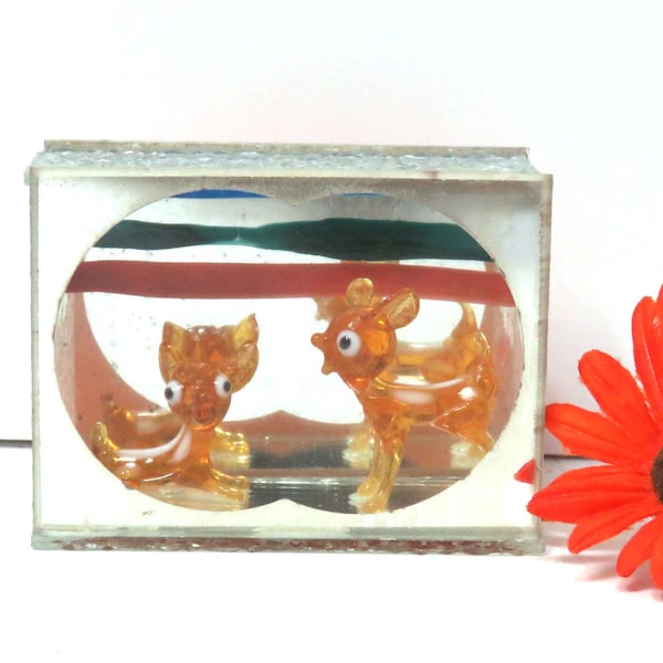 Diorama Miniature Deer Mirrored Glass Box/Vintage Blown Glass Lampwork Fawns/ Shadow Box Made in Japan