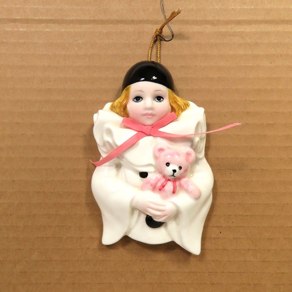 Schmid Pierrot Baby Love Wall Decor or LG Ornament/ Porcelain Clown w Pink Teddy Bear/ 1981 Michel Oks