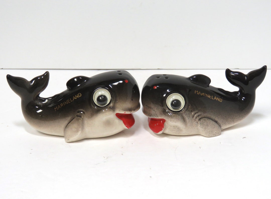 Vintage Marineland Salt Pepper Shakers/ Whales With Googly Eyes Souvenir / Ceramic Figural