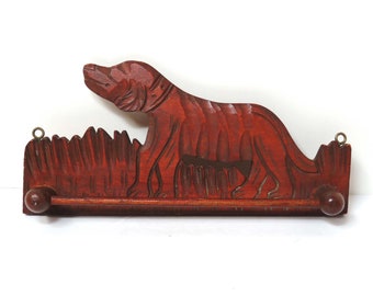 VTG Dog Bar Towel Rack/ Carved Wood, Made in Japan / Hunting Dog Wall Decor, Tie or scarf Rack