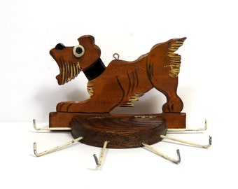 Comical Wooden Dog Rack for Ties, Belts, Scarves/ Vintage Terrier Dog/ Rustic Primitive Fold-up Organizer