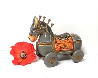Vintage Rajasthani Horse On Wheels/ Hand Painted Wooden Wedding Box/ India Folk Art