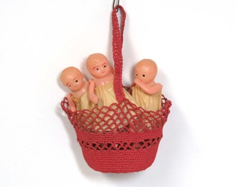 Celluloid Triplet Dolls in a Basket/ Mini Antique Baby Dolls in Crepe Paper Clothes/ Hand Crocheted Red Basket