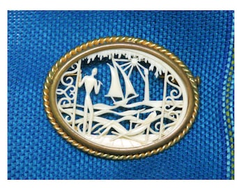 French Art Deco Depose Celluloid Brooch/ Antique Jewelry Pin France/ Vintage Sailboat and Sunbathers