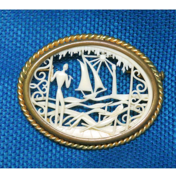French Art Deco Depose Celluloid Brooch/ Antique Jewelry Pin France/ Vintage Sailboat and Sunbathers