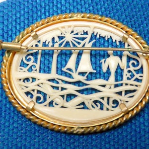 French Art Deco Depose Celluloid Brooch/ Antique Jewelry Pin France/ Vintage Sailboat and Sunbathers image 3