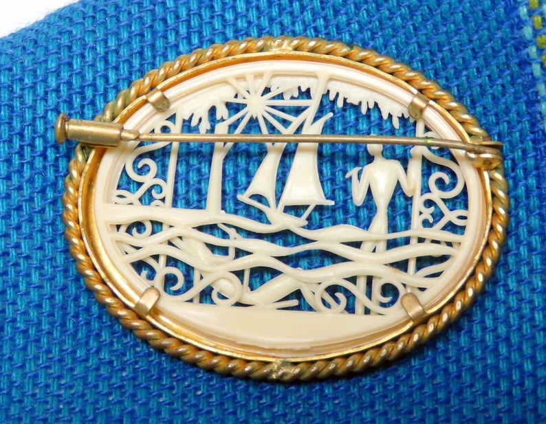 French Art Deco Depose Celluloid Brooch/ Antique Jewelry Pin France/ Vintage Sailboat and Sunbathers image 3