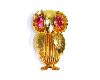 Vintage Owl Brooch with Pink Rhinestone Eyes/ Gold Tone "Cage" Bird Jewelry
