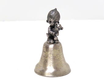 VTG Precious Moments Pewter Bell/ Boy with Teddy Bear 1980s