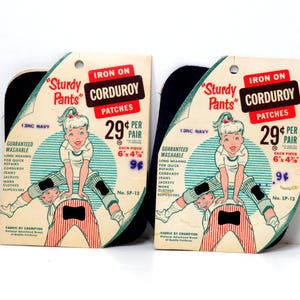 May include: Two vintage iron-on patches for clothing. Each patch is 6 x 4 1/2 inches and features a cartoon illustration of a girl riding a boy on her back. The patches are made of corduroy and are guaranteed washable. The text on the patches reads "Sturdy Pants Corduroy Patches" and "29¢ per pair".