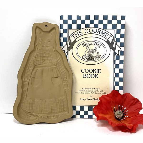 VTG Brown Bag Cookie Mold and Recipe Book/ Cat Mom Wearing Apron/ 1988 Hill Design