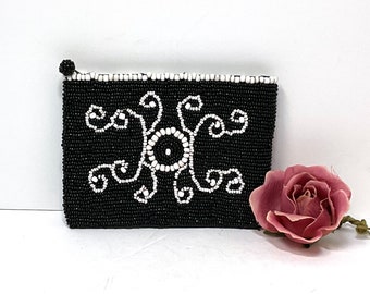 Vintage Beaded Coin Purse/ Black and White Design, both sides