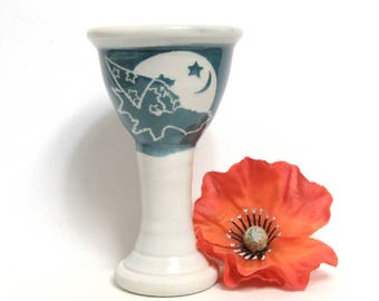 Moon Wizard Art Pottery Goblet / Vintage Wheel Thrown Wine Glass/ Studio Pottery Fantasy Art