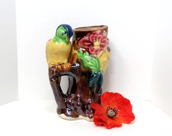 VTG Parrot Flower Vase, Large Majolica Style Hand Painted Ceramic Bird Figurine Japan