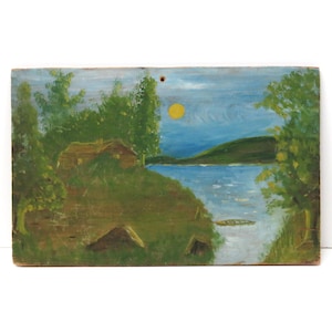Primitive Folk Art Landscape Painting, Oil On Board/ Rustic Cabin on Lake
