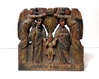 Antique Carved And Polychromed Wood Relief Panel/ Holy Family with Angels/ Religious Folk Art Italy