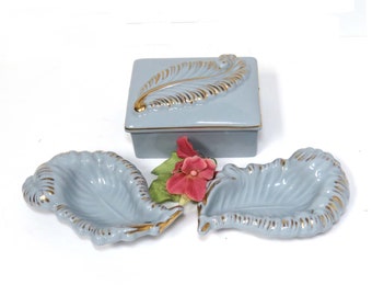 Mid Century Covered Box and Dish Set/ Baby Blue w Feather Motif, Gold Trim/ Vintage Ceramic Home Decor