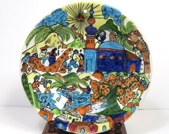 Mexican Folk Art Pottery 9" Plate/ signed by Jesus Roman Diego/ 1998 Hand Painted Village Street Scenes