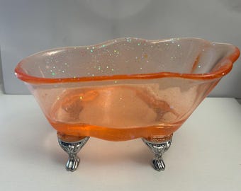 Glittered Resin Light Orange Clawfoot Tub: Handmade Decorative Soap Holder for Kitchen or Bathroom