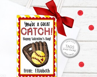 Softball Valentine Printable Treat Tags, Goodie Bag Toppers, Instant Download