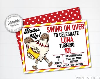 May include: A rectangular birthday invitation card featuring a baseball theme with a home plate, two bats, and a yellow softball. The text reads Batter Up! Swing on over to celebrate Luna turning 10! with event details and a circular editable template badge.