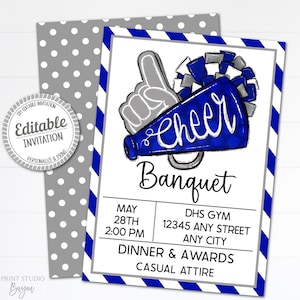 Printable Cheer Banquet Invitation, Editable Cheer Flyer Template, Year-Round Cheer Events, Team Party, Cheer Squad Colors with Royal Blue