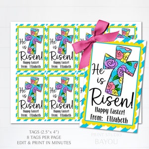 Printable He is Risen Gift Tags, Easter Favor Tags, Sunday School Gift Tags, Christian Favor Tags, Resurrection Sunday, Editable Template