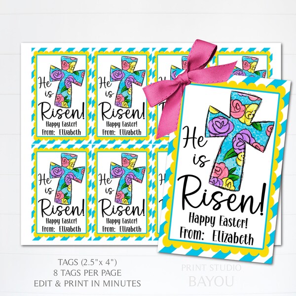 He is Risen Gift Tags, Cards, Easter Favor Tags, Stickers, Easter Party, Sunday School, Resurrection Sunday, Printable, Editable Template