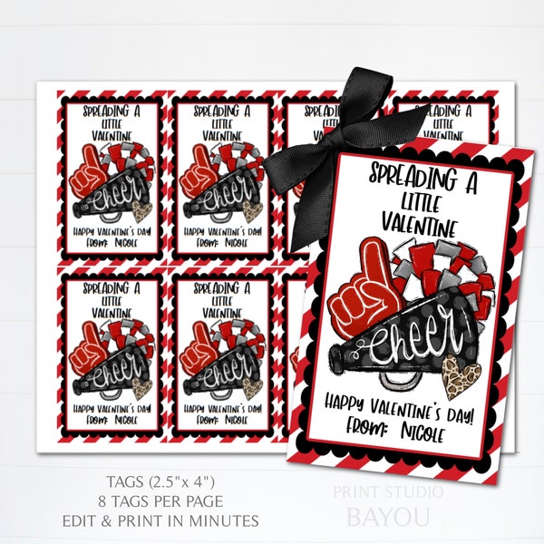 Valentine Cheer Gift Tags, Cards, Cheer Squad Gifts, Class V-Day Party, Stickers, Red & Black Squad Colors, Printable, Editable Template