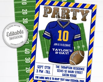 Puede incluir: Una invitación a una fiesta de cumpleaños de fútbol azul y amarillo con una camiseta de fútbol de dibujos animados y un balón de fútbol. La invitación dice "Party" en letras marrones y "Taylor's B-Day!" en letras negras. La fecha y la hora de la fiesta se enumeran como "Sept 17th 3 PM - Till". La ubicación se enumera como "The Thompson Residence 12345 SE Main Street Baton Rouge". La invitación también incluye el texto "For more info & to RSVP text CAM (123)456-7890".