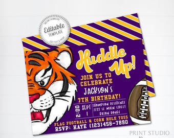 May include: A rectangular birthday invitation template featuring a purple background with yellow and purple diagonal stripes. It displays a tiger illustration, a football, and text reading Huddle Up! Join us to celebrate Jackson's 7th birthday.