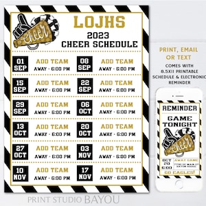 Printable Cheer Schedule, Editable Cheer Schedule, Game Text Reminder, Game Email Reminder, Black & Gold Cheer Schedule Flyer, Template