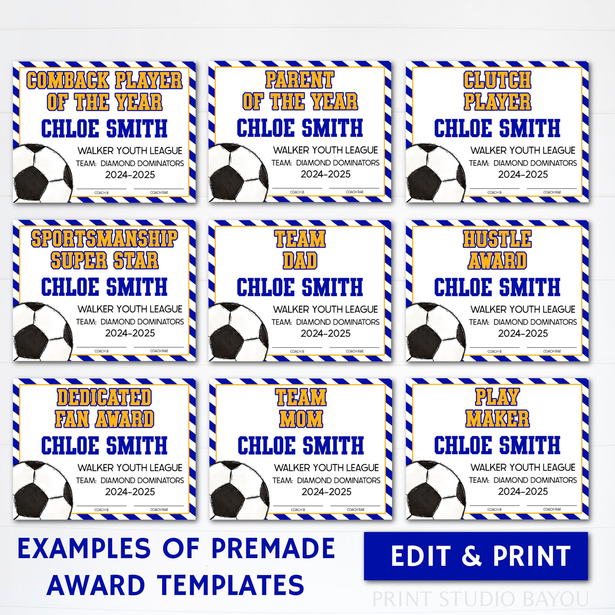 PRINTABLE Soccer Award Certificates, Soccer End of Season Certificates