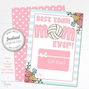 Printable Best Team Mom Ever Volleyball Themed Gift Card Holder, Editable Volleyball Team Mom Thank You Card, Team Mom Gift, Template
