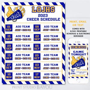 Printable Cheer Schedule Info Sheet, Editable Cheer Schedule Template, Text Reminder, Schedule Flyer, Cheer Squad Colors with Yellow Gold