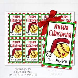 Printable Softball Team Christmas Gift Tags, Editable Softball Treat Bag Tags, Softball Goody Bag Tags, Template, Instant Download