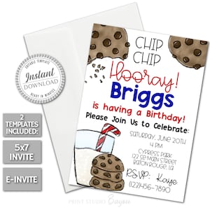 Printable Chip Chip Hooray Birthday Party Invitation, Editable Chocolate Chip Cookie Theme Birthday Party Invitation, Text Invite, Template