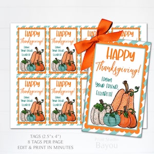 Happy Thanksgiving Favor Tags, Thankful for You Tags, School Party Treat Bag Tags, Thanksgiving Stickers, Printable, Editable Template