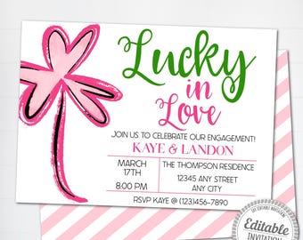 May include: A pink and green engagement invitation with a shamrock design. The invitation reads "Lucky in Love" and includes the names "Kaye & Landon". The invitation details the date, time, and location of the engagement party.