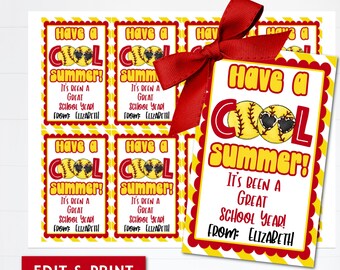 May include: Eight printable gift tags featuring a softball with sunglasses and the text "Have a Cool Summer! It's been a Great School Year! From: Elizabeth". The tags are red and yellow with a white background.