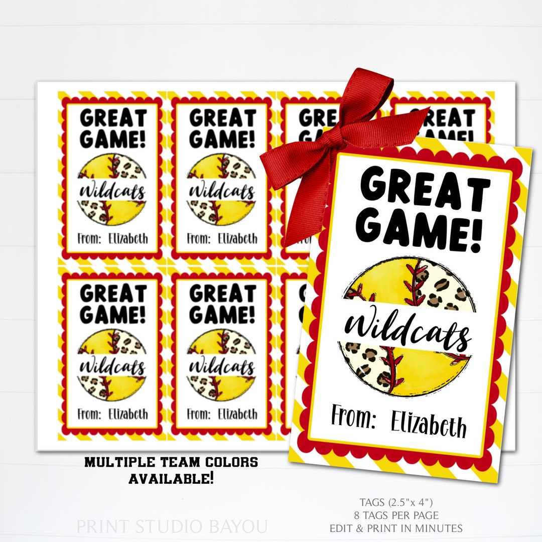 Softball Treat Tags, Great Game Favor Tags, Team Snack Tags, Softball