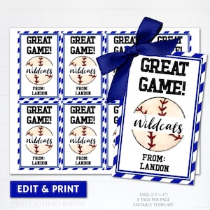 Druckbare Baseball-Leckerli-Tags, bearbeitbare Great Game Favor Tags, Team Snack Tags, Baseball-Turnier, Maskottchen Aufkleber, Vorlage