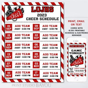 Printable Cheer Schedule Info Sheet, Editable Cheer Schedule Template, Text Reminder, Schedule Flyer, Cheer Squad Colors with Black