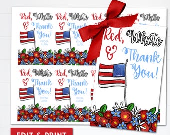 Druckbare Patriotische Gunstanhänger, Rot, Weiß & Danke, bearbeitbare Vorlage (Digitaler Download)